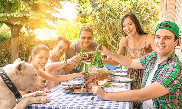 A group of young people and a curious dog enjoy barbecue food and drinks in the backyard.