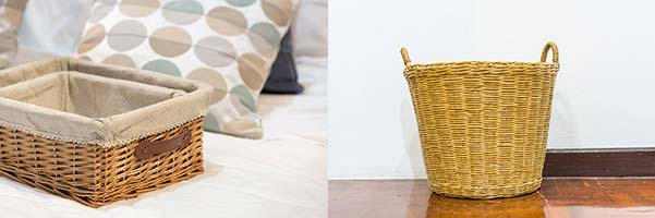 Round and square wicker baskets for organizing in the home.