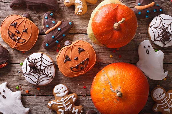 Halloween decorated gingerbread, cookies and baked treats.