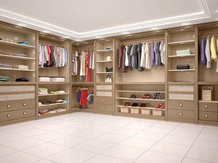 Modern, neat tidy walk-in closet with lighting, shelves, cubbies for shoes, bin and racks for hanging clothing.