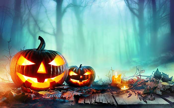 Scary carved pumpkins on wood planks with candles sitting in front of creepy forest backdrop for Halloween decoration