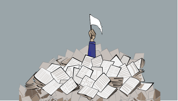 A graphic that shows a hand rising above a pile of papers. Hand holds a white flag to symbolize a surrender over the paper pile.