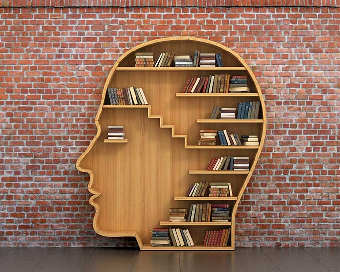 White oak bookshelf in the shape of a person's head against brick wall backdrop
