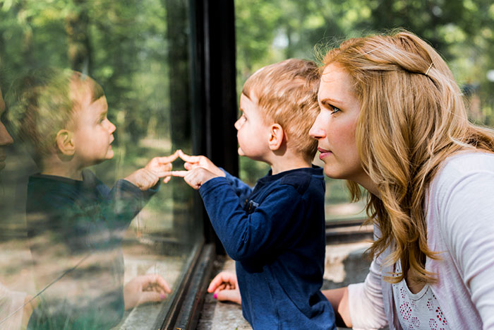 Mother and toddler son looking through the glass at a zoo exhibit