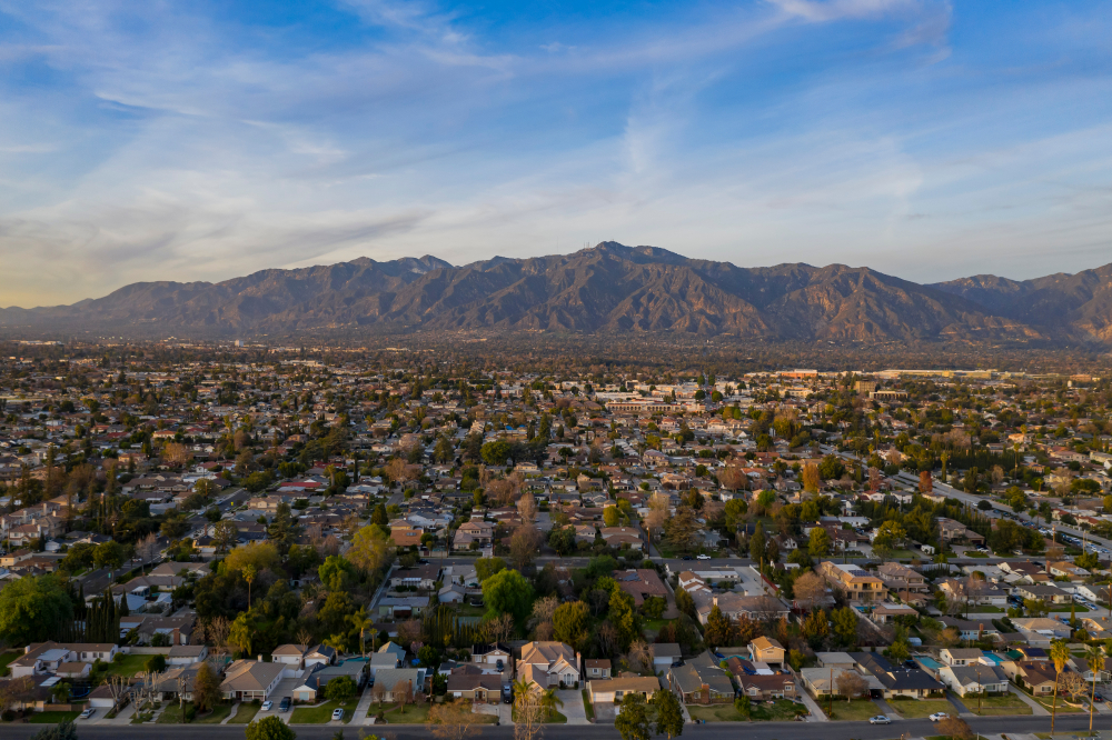 Sunset aerial view of the San Gabriel Mountains
