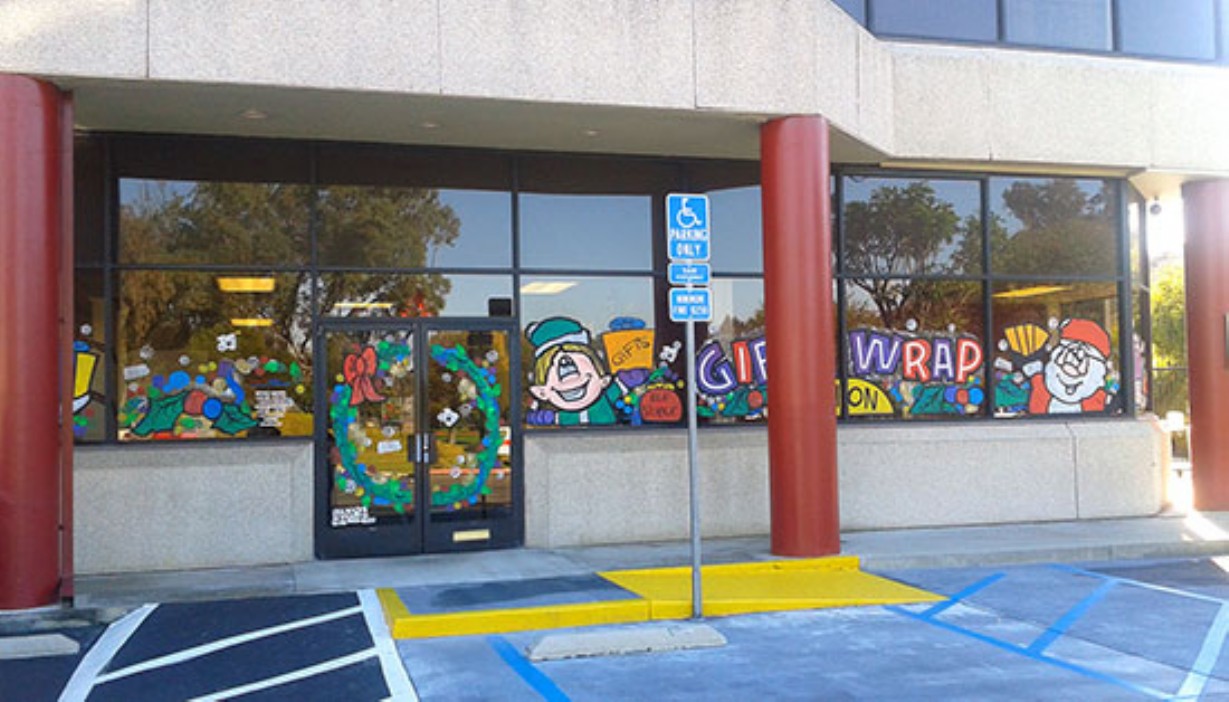 Rental office doors and windows decorated for holidays