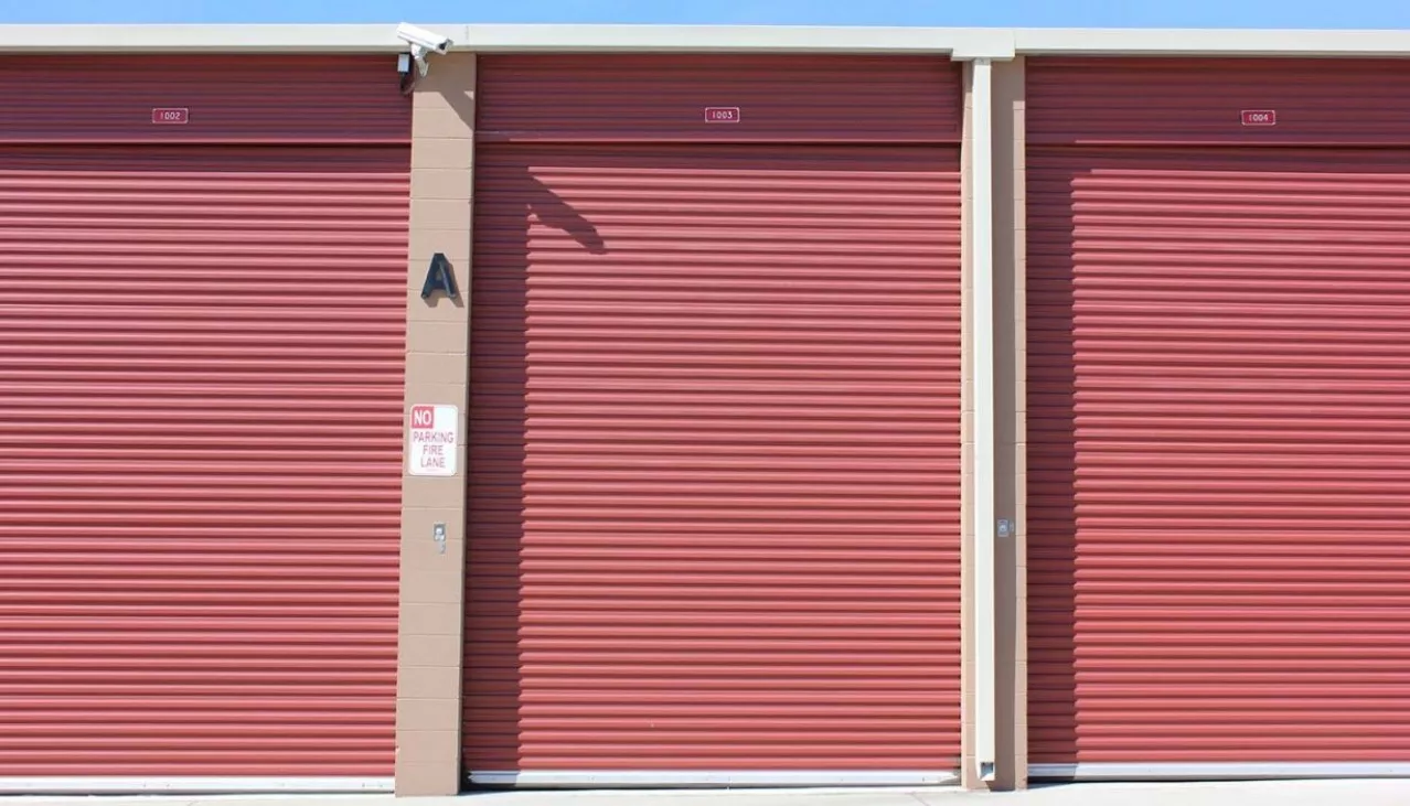 Front view row of extra large storage units with rollup doors