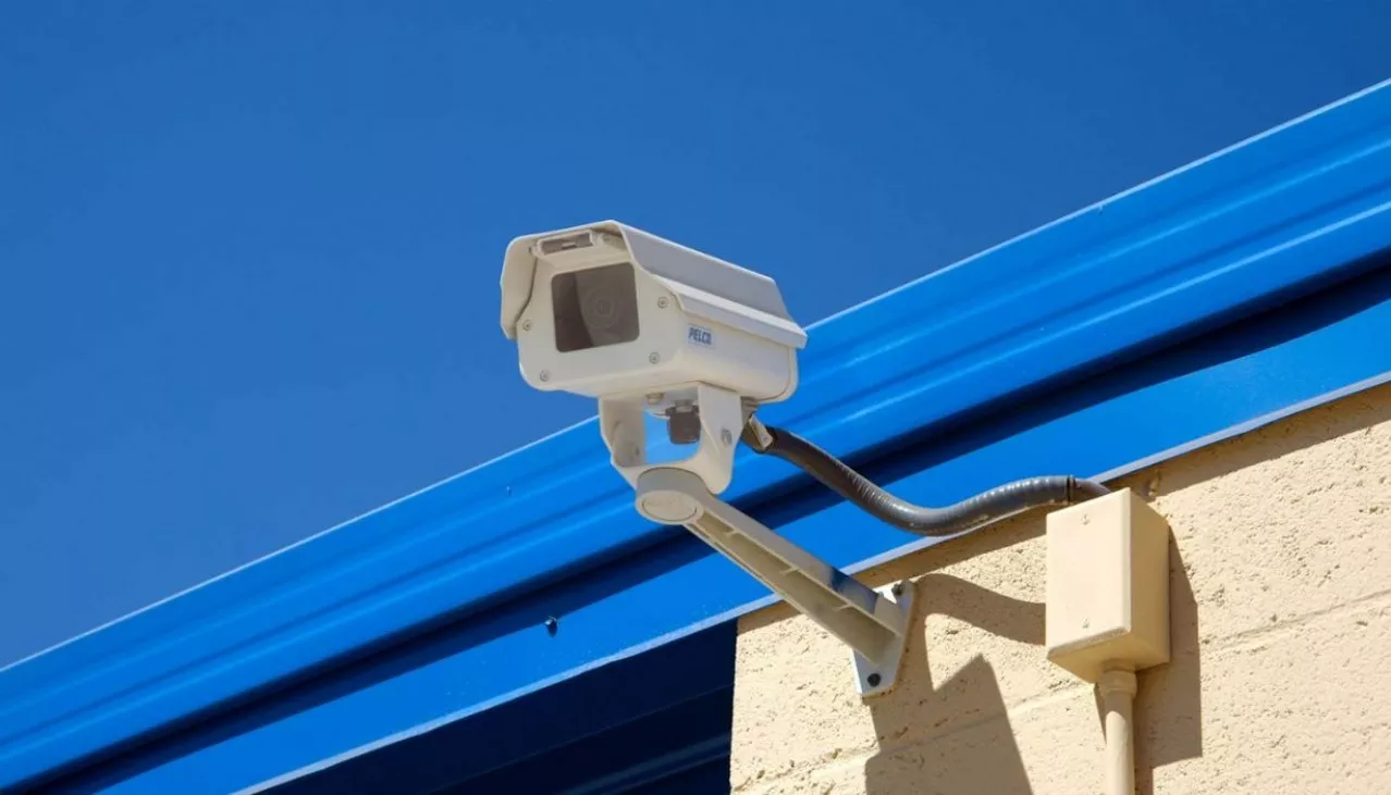Security camera mounted on side of building