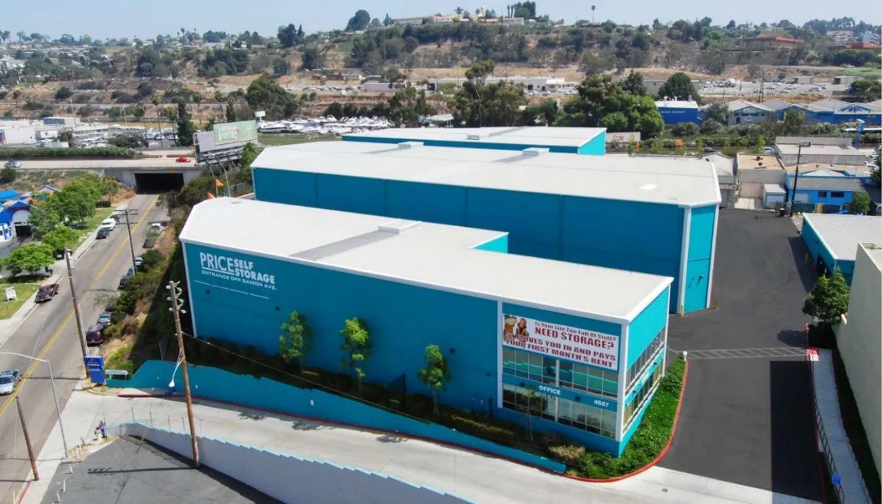 Price Self Storage Pacific Beach aerial view looking east over the facility showing main rental office building