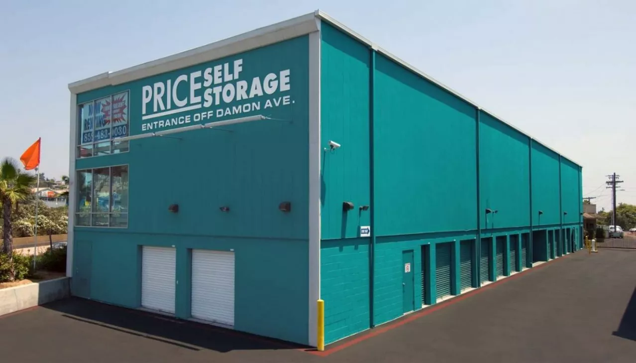 Price Self Storage Pacific Beach three story building with ground floor drive up units and two floors of interior elevator access storage units