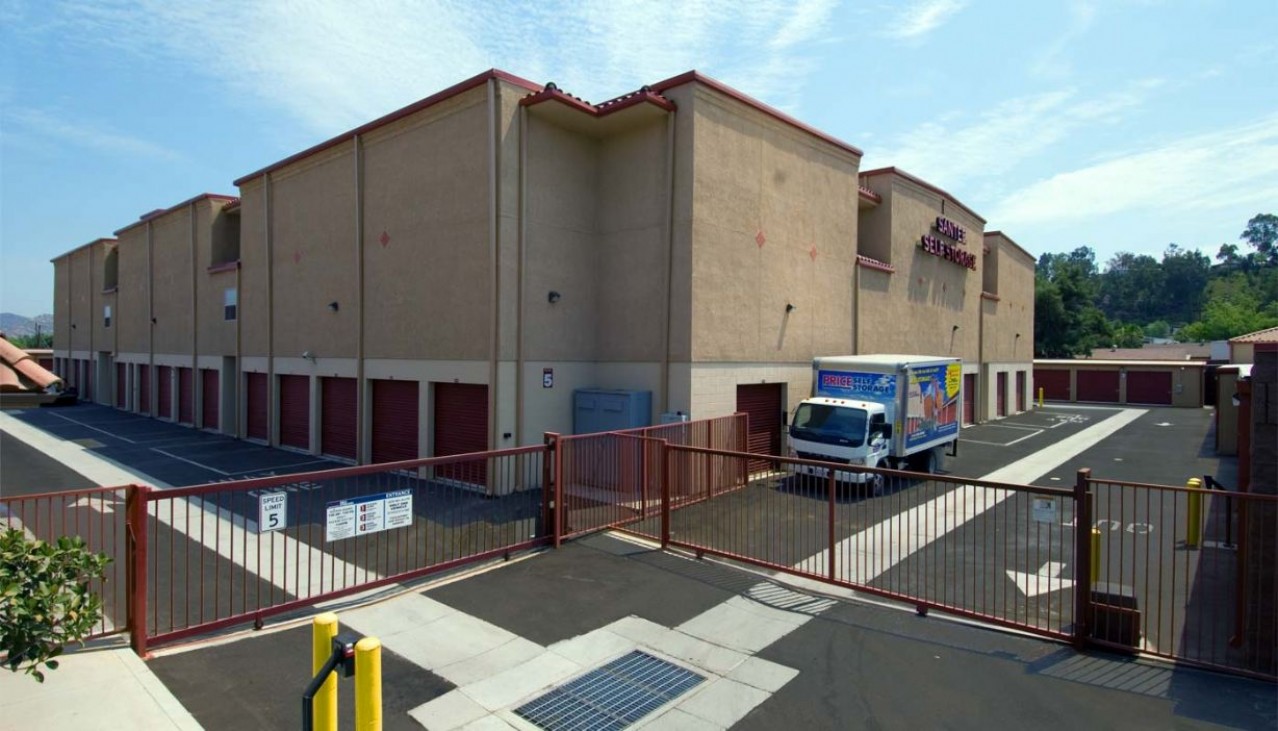 Entry and exit security gates left and right of building