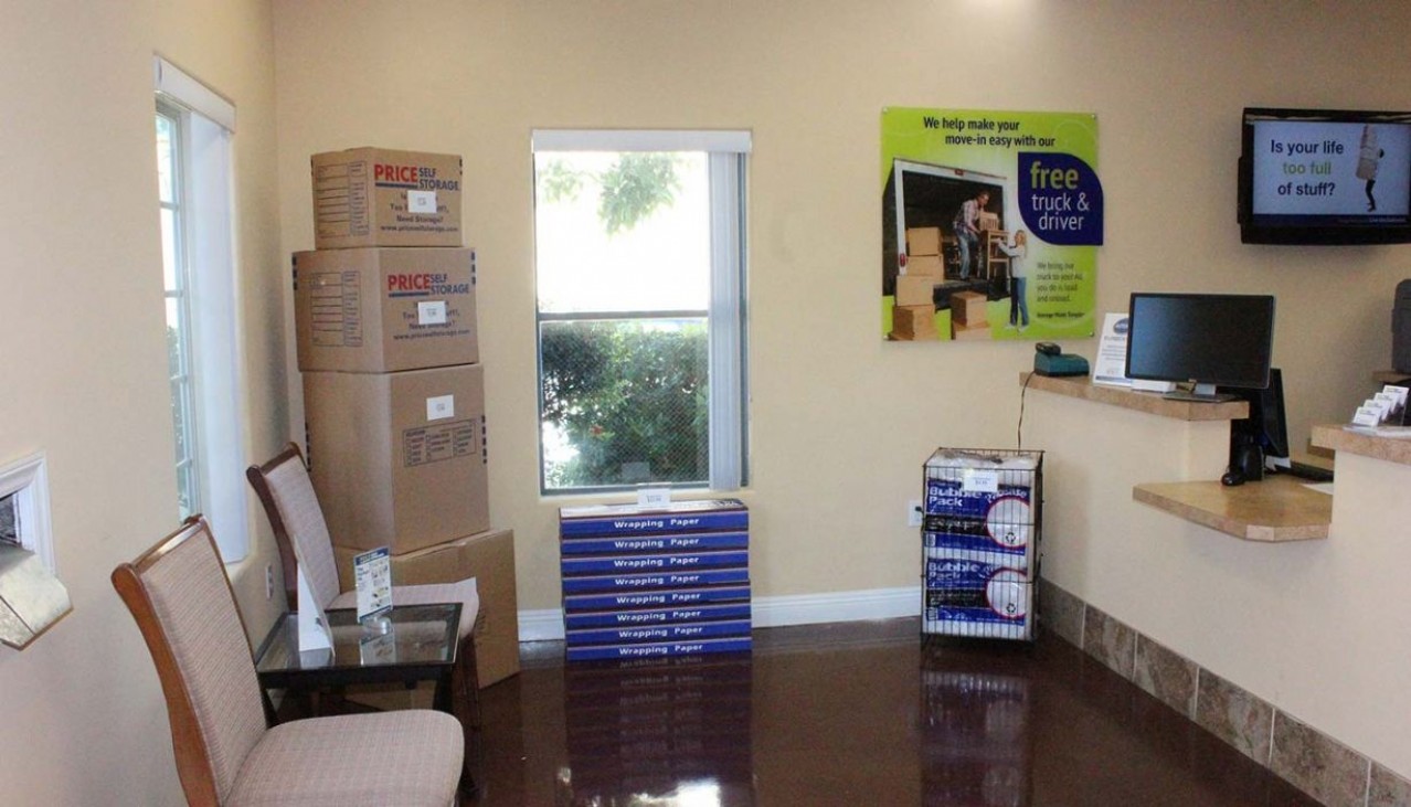 Rental office moving box display, packing paper and bubble wrap merchandise