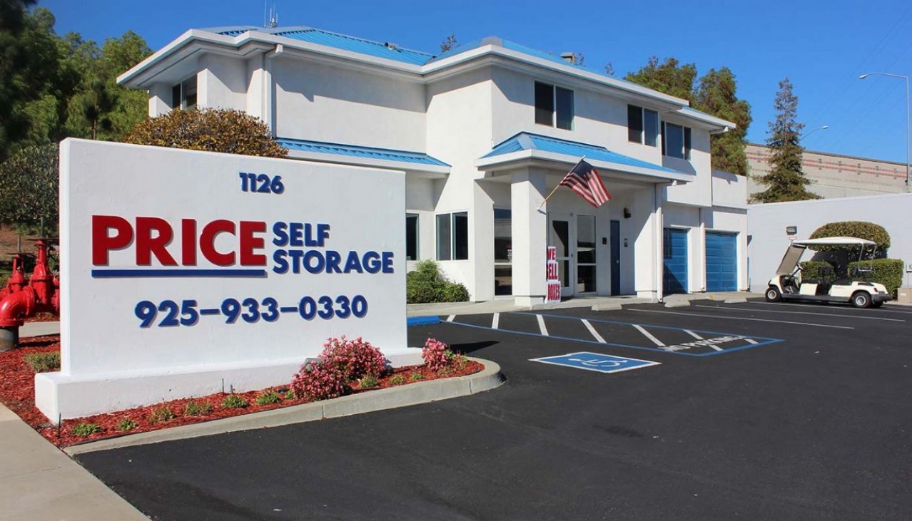 Price Self Storage Walnut Creek Wine Storage - main parking lot, rental office entrance and monument sign