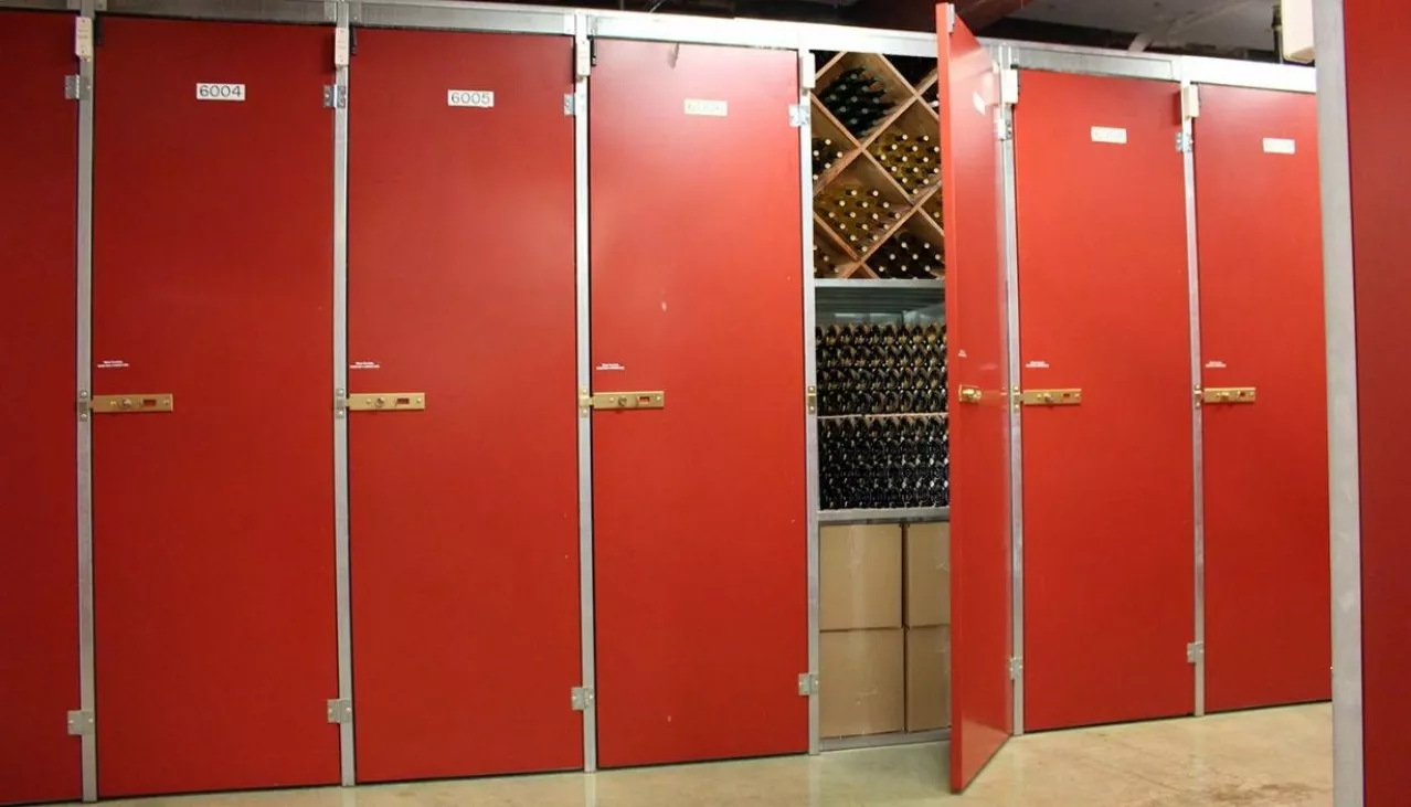 Wall of large 36 case capacity wine storage lockers