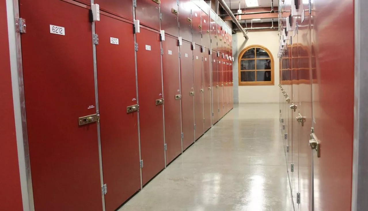 View of aisle of large wine storage lockers