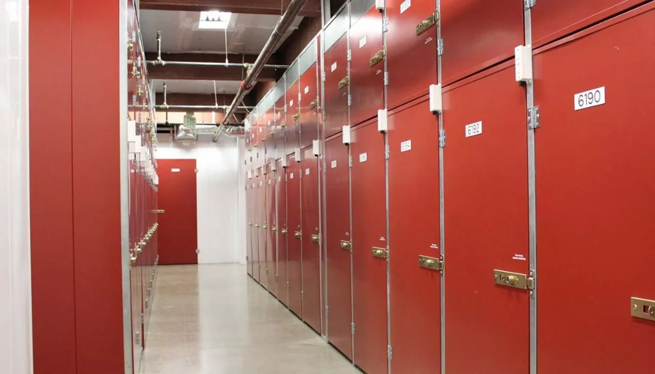 Interior hallway with 18 case and 36 case wine storage lockers in temperature controlled area